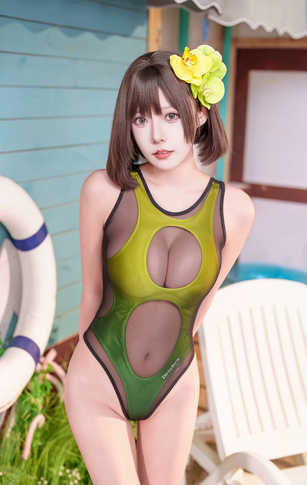 2-Piece Cutout Swimsuit & Sheer Mesh Layer Set – Spandex Monokini
