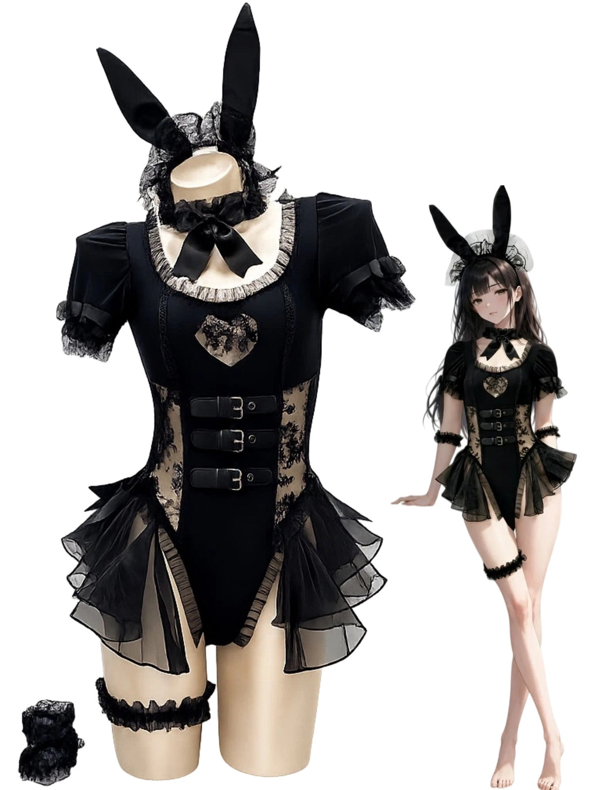 Gothic Heart Cutout Bunny Bodysuit & Cosplay Costume Set