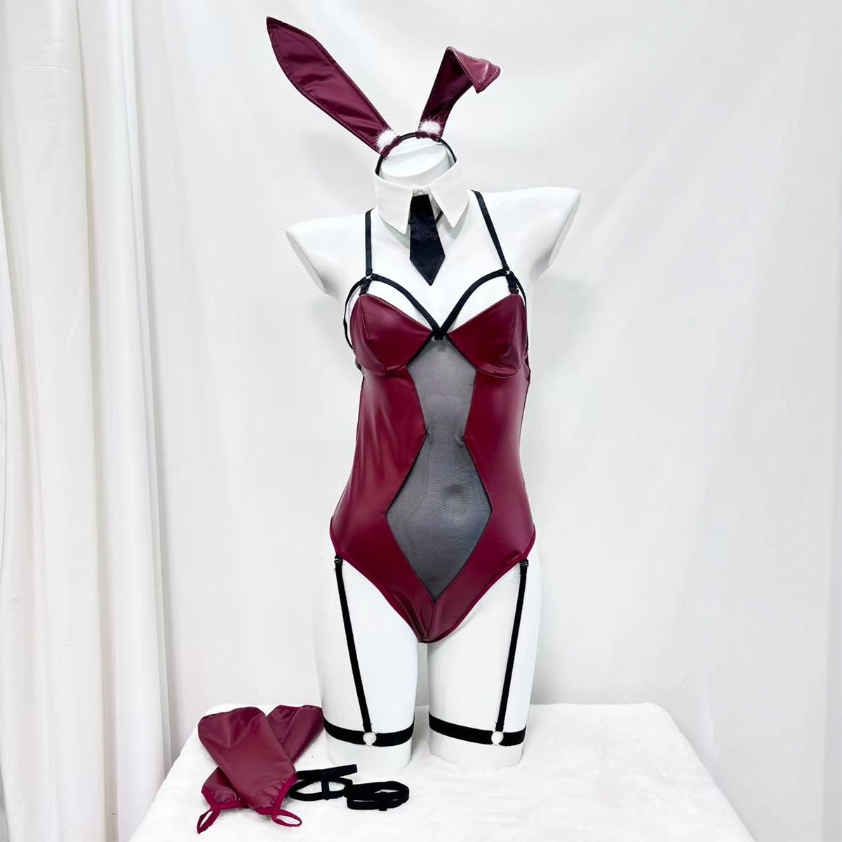 Dark Elegance PU Leather & Mesh Bunny Suit Cosplay Set – Complete Roleplay Outfit
