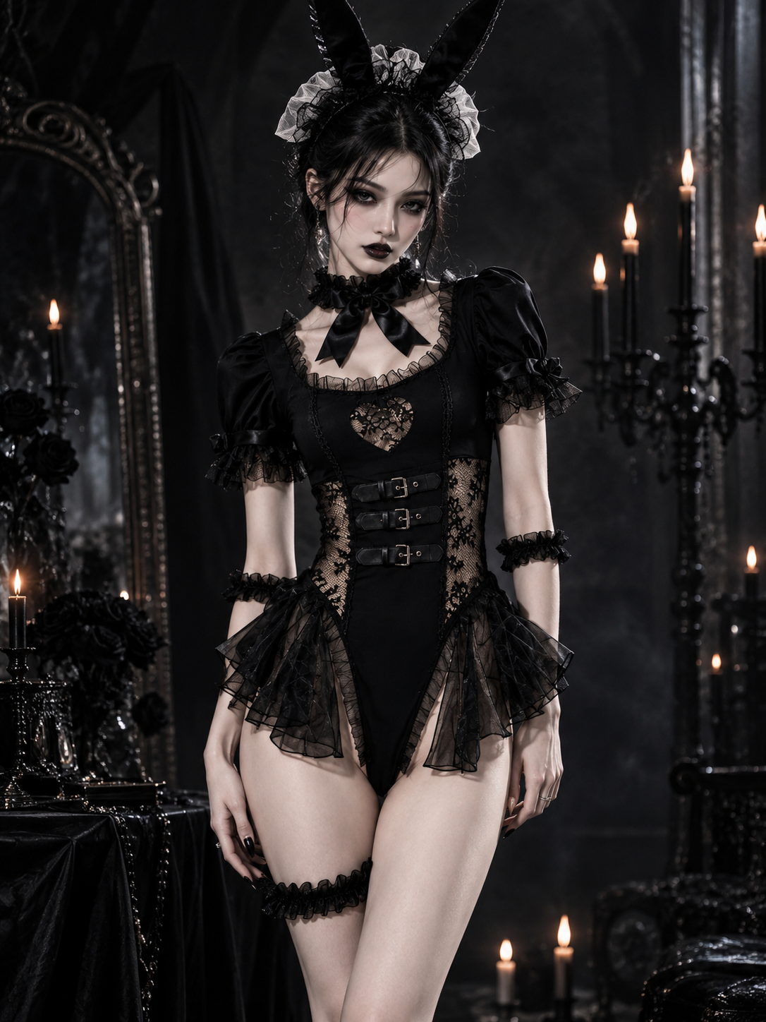 Gothic Heart Cutout Open Crotch Bunny Bodysuit & Cosplay Costume Set