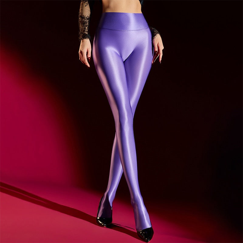 Unisex Ultra-Glossy Footed Leggings | High-Waist Shiny Spandex Tights with Pouch Options