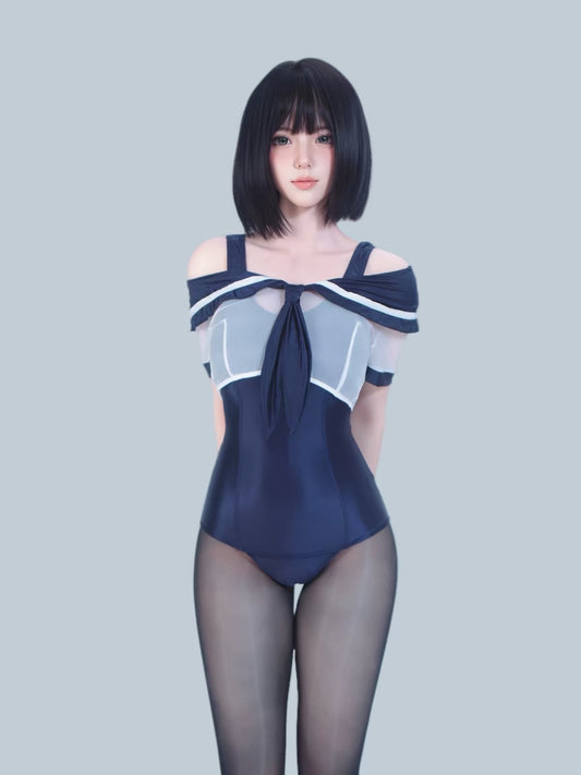 3-Piece Sailor Collar Bodysuit Set – Includes Glossy Bodysuit, Sheer Sailor Crop Top & Tights