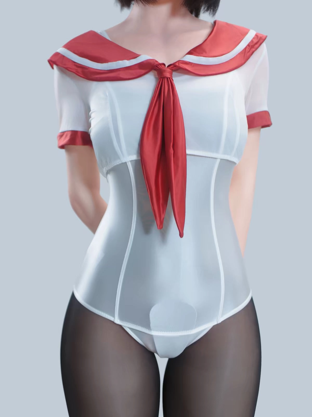 3-Piece Sailor Collar Bodysuit Set – Includes Glossy Bodysuit, Sheer Sailor Crop Top & Tights