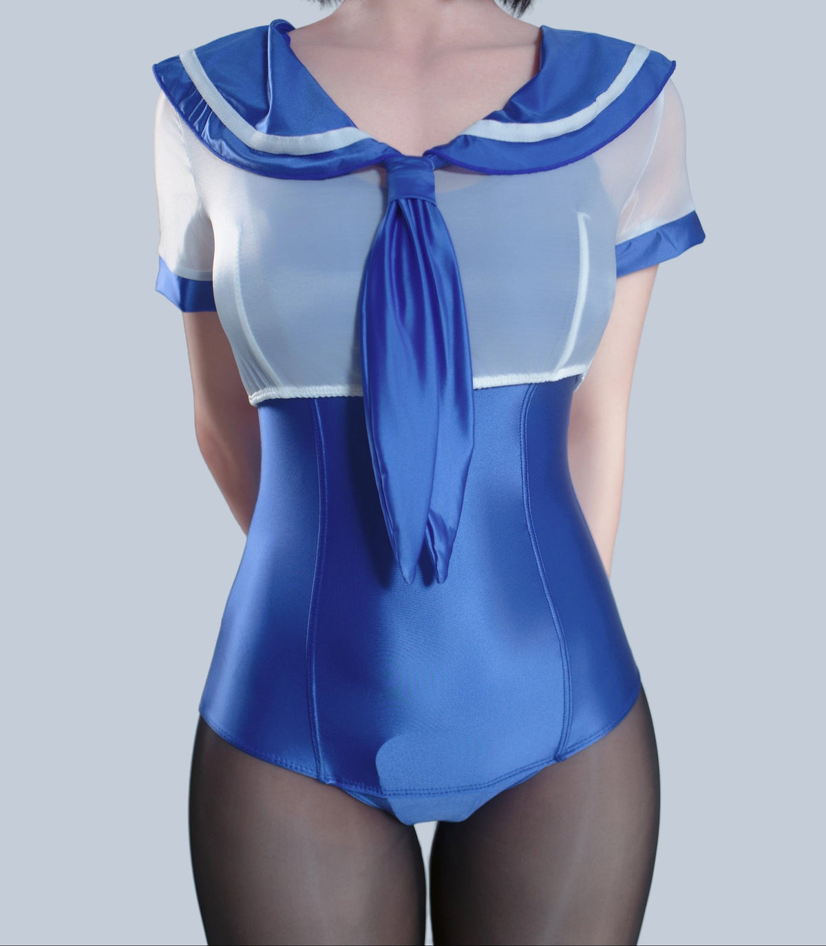 3-Piece Sailor Collar Bodysuit Set – Includes Glossy Bodysuit, Sheer Sailor Crop Top & Tights