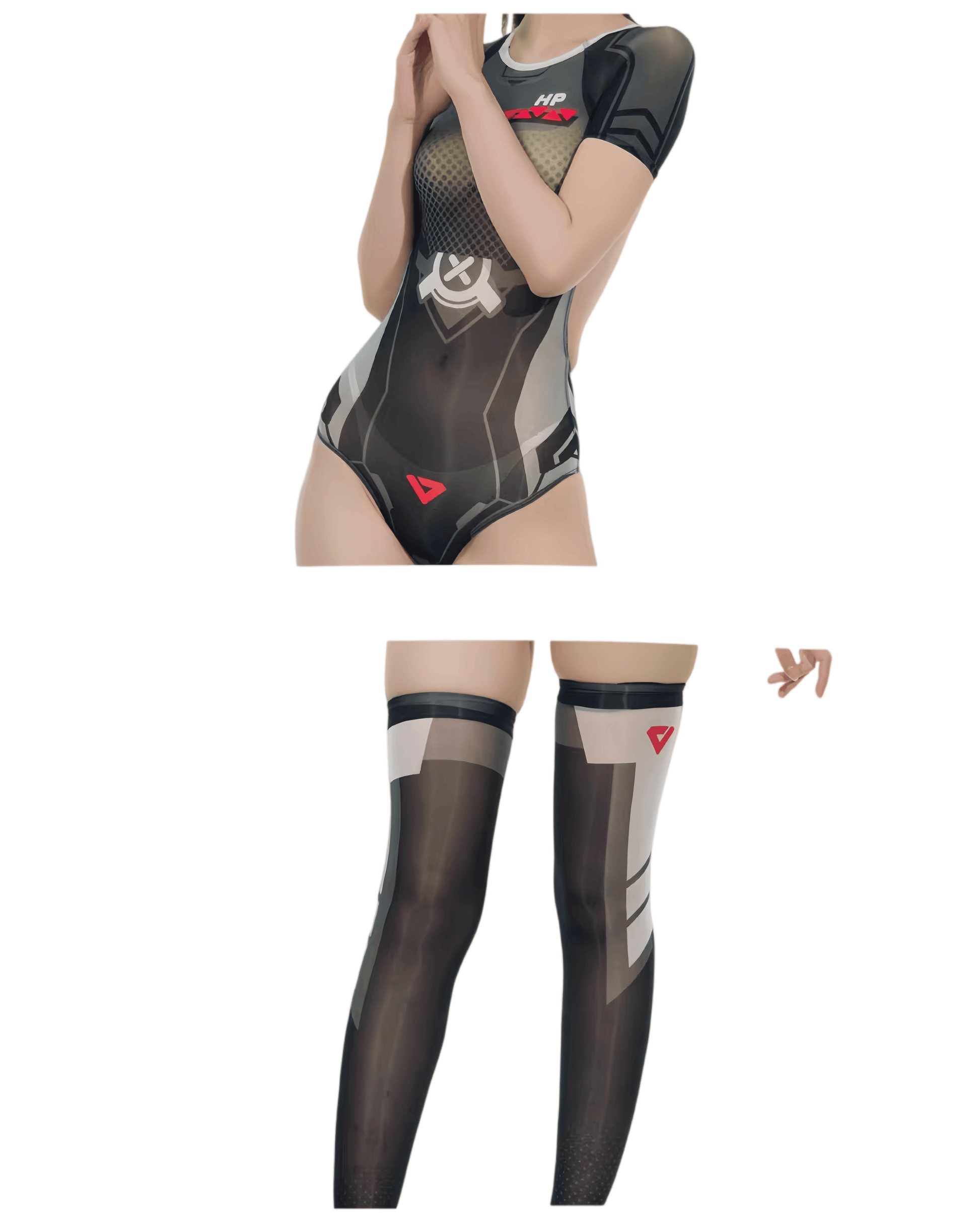 Cyber-Tech Sheer Bodysuit & Matching Thigh-High Stockings Set