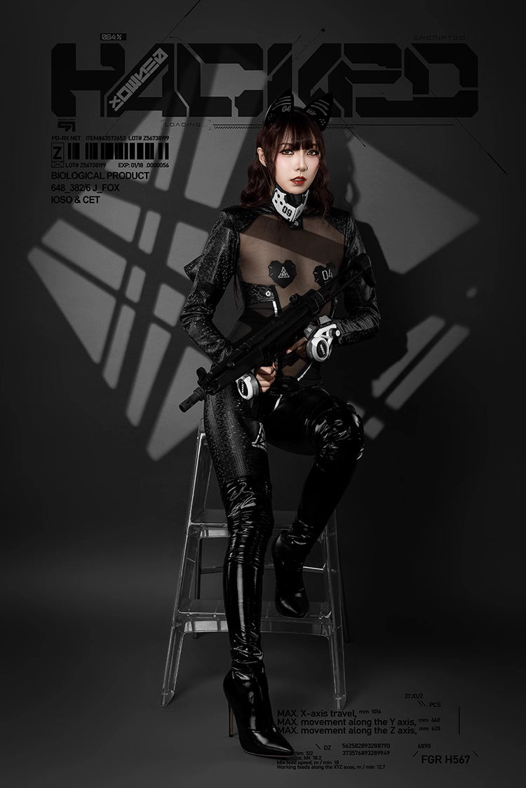 Tactical Anime Girl PU Leather Sheer Mesh Sexy Cosplay Full Bodysuit Costume