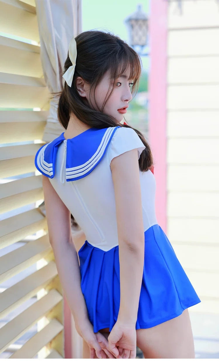 Sailor Scout Cosplay One-Piece Swimsuit with Skirt & Thong Bottom