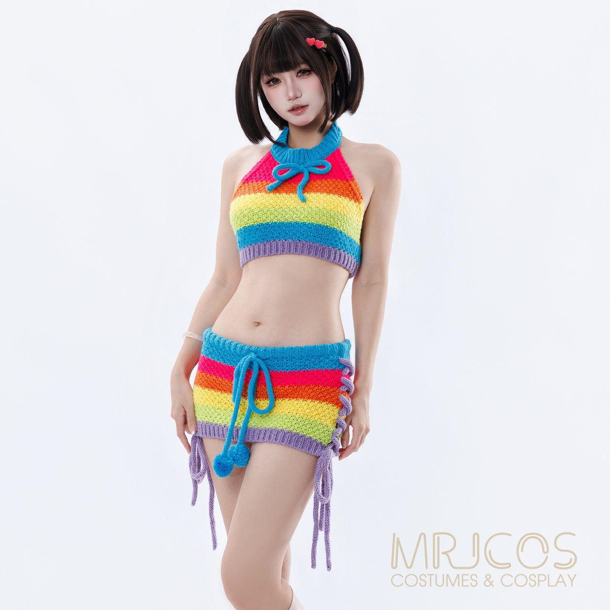 Rainbow Knit Halter Crop Top & Mini Skirt Set – Anime Cosplay & Festival Two-Piece Outfit