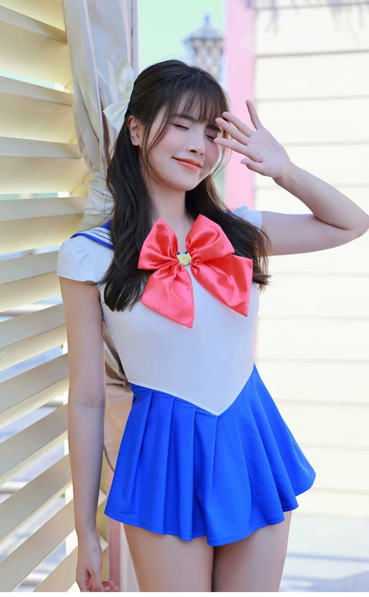 Sailor Scout Cosplay One-Piece Swimsuit with Skirt & Thong Bottom