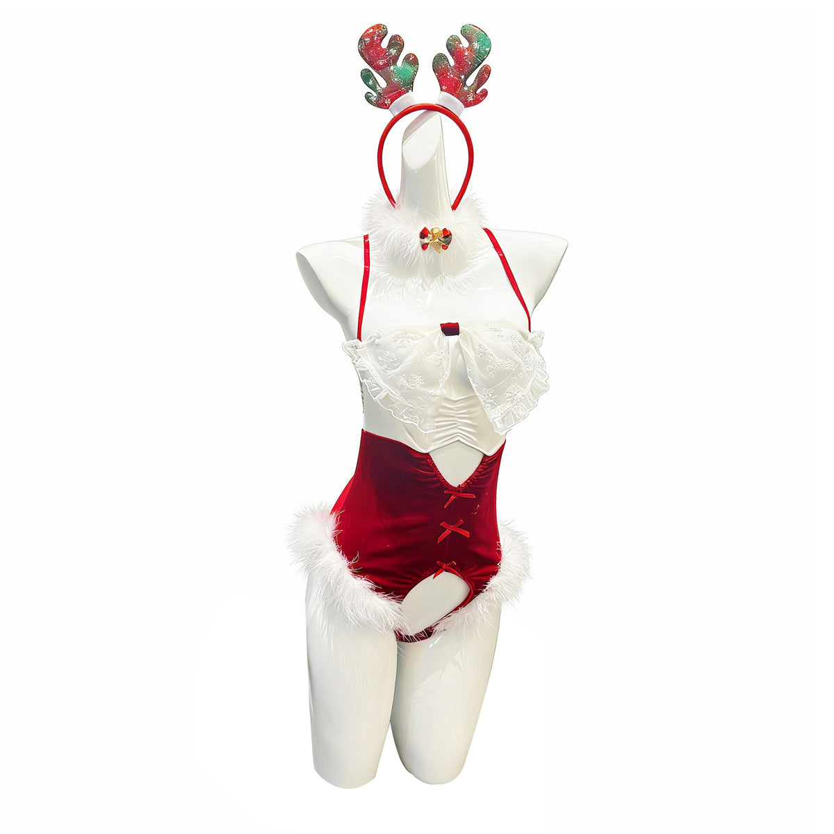 Naughty & Nice: Backless Reindeer Cosplay Teddy with Fur Trim