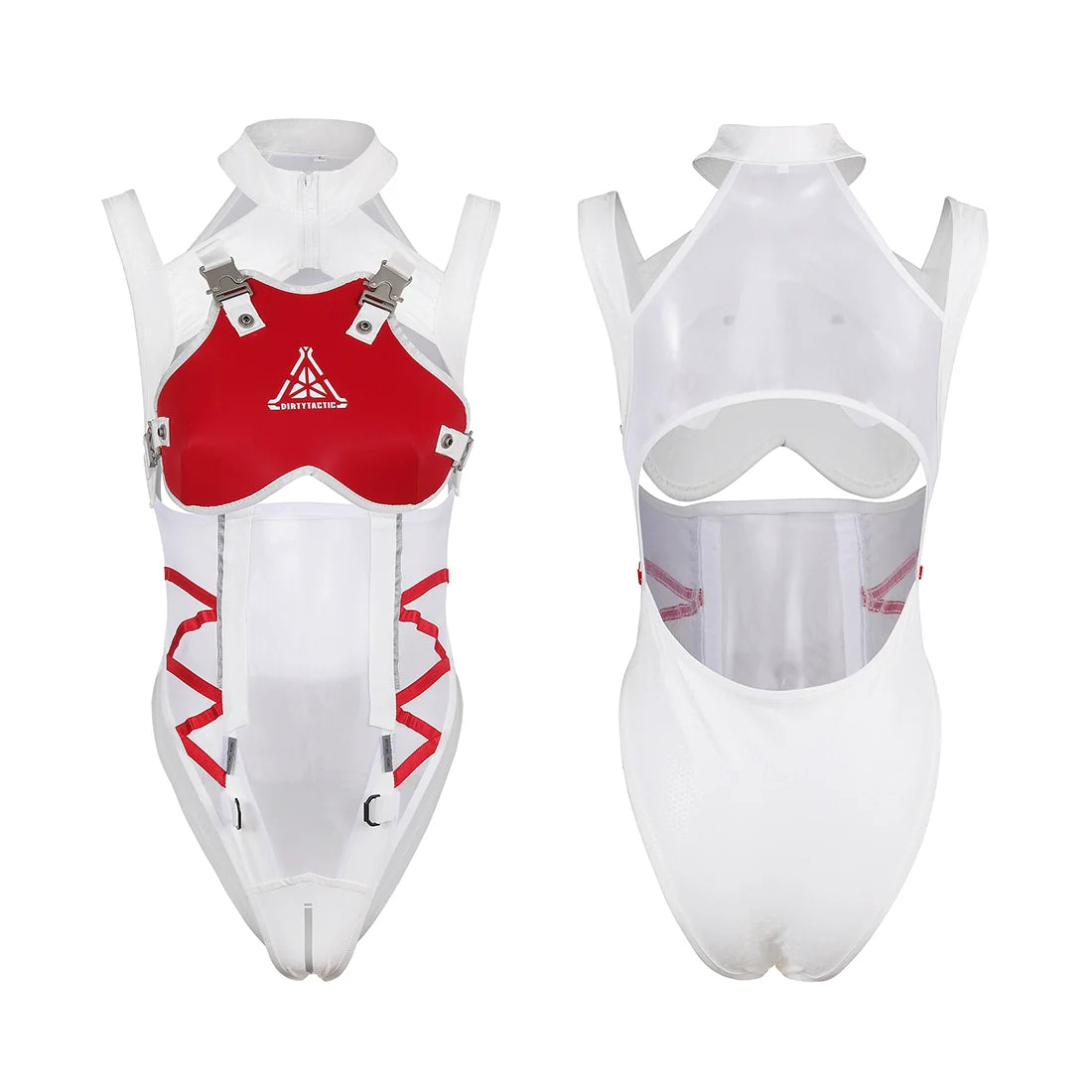 Tactical Anime Girl PU Leather Sheer Mesh Sexy Cosplay Bodysuit Costume White