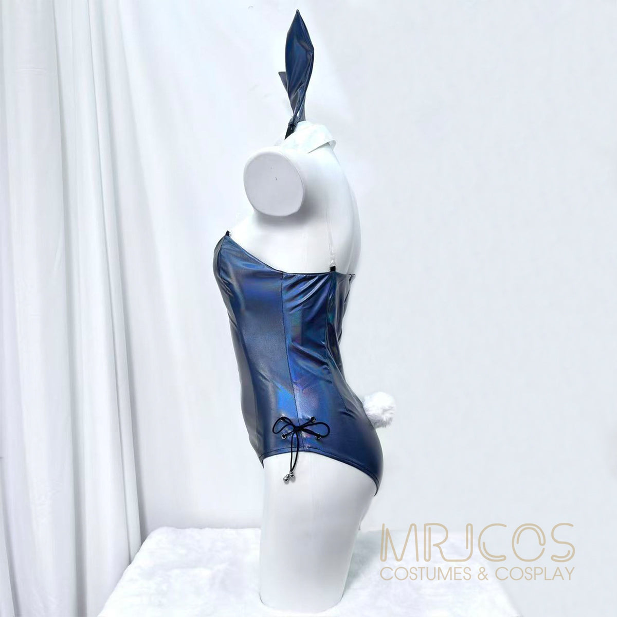 Iridescent Metallic Bunny Girl Cosplay Bodysuit Set – Holographic PU Leather Open Crotch Lingerie