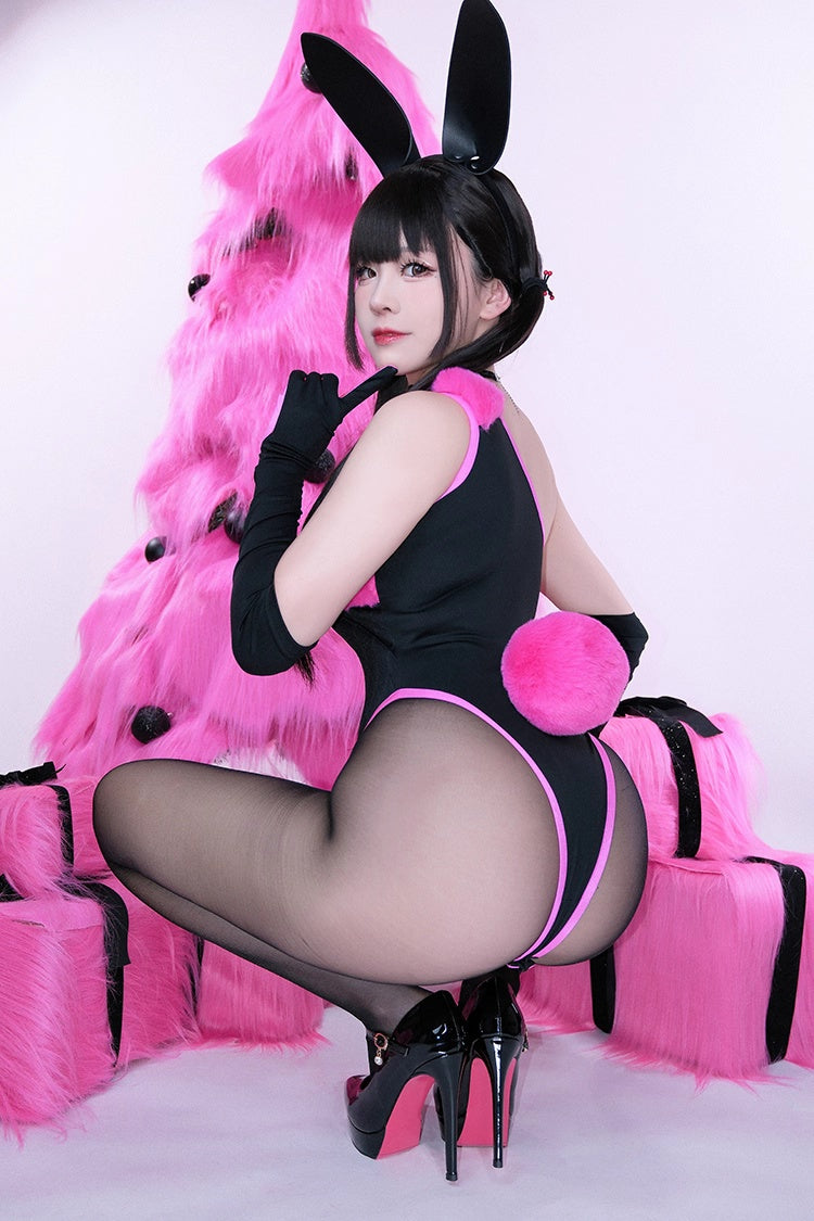 Anime Style Bunny Girl Knitted Black Pink Bodysuit Lingerie Set
