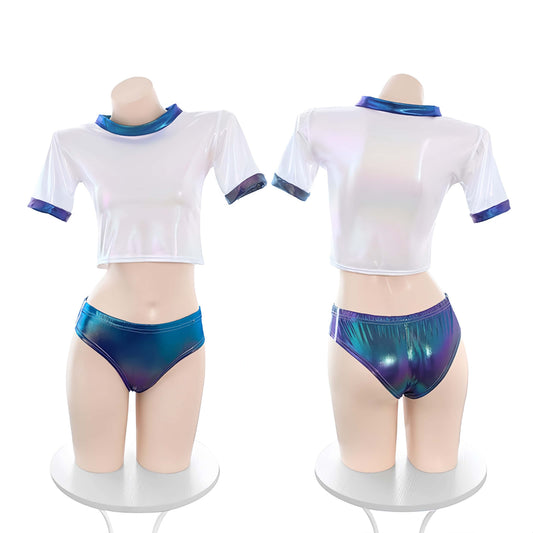 Pearlescent High-Gloss Crop Top & Metallic Bikini Set