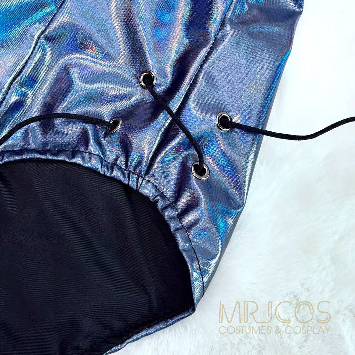 Iridescent Metallic Bunny Girl Cosplay Bodysuit Set – Holographic PU Leather Open Crotch Lingerie