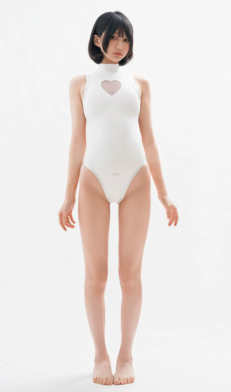 Anime JK Style Heart Mesh Cutout High-Neck One-Piece Swimsuit