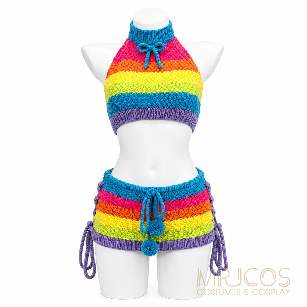 Rainbow Knit Halter Crop Top & Mini Skirt Set – Anime Cosplay & Festival Two-Piece Outfit