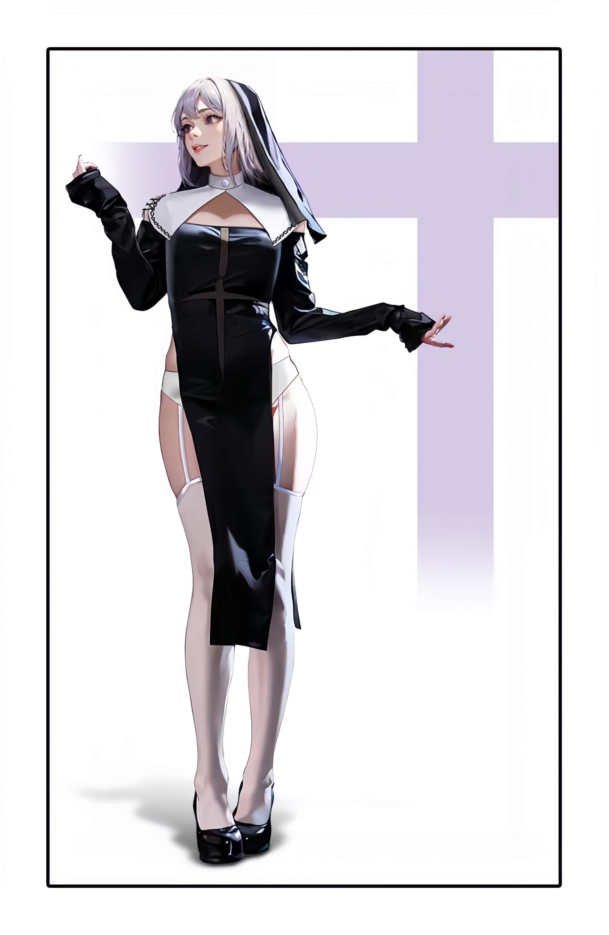 Gothic Sister Cosplay Set - High-Slit Nun Uniform with Thigh-High Stockings