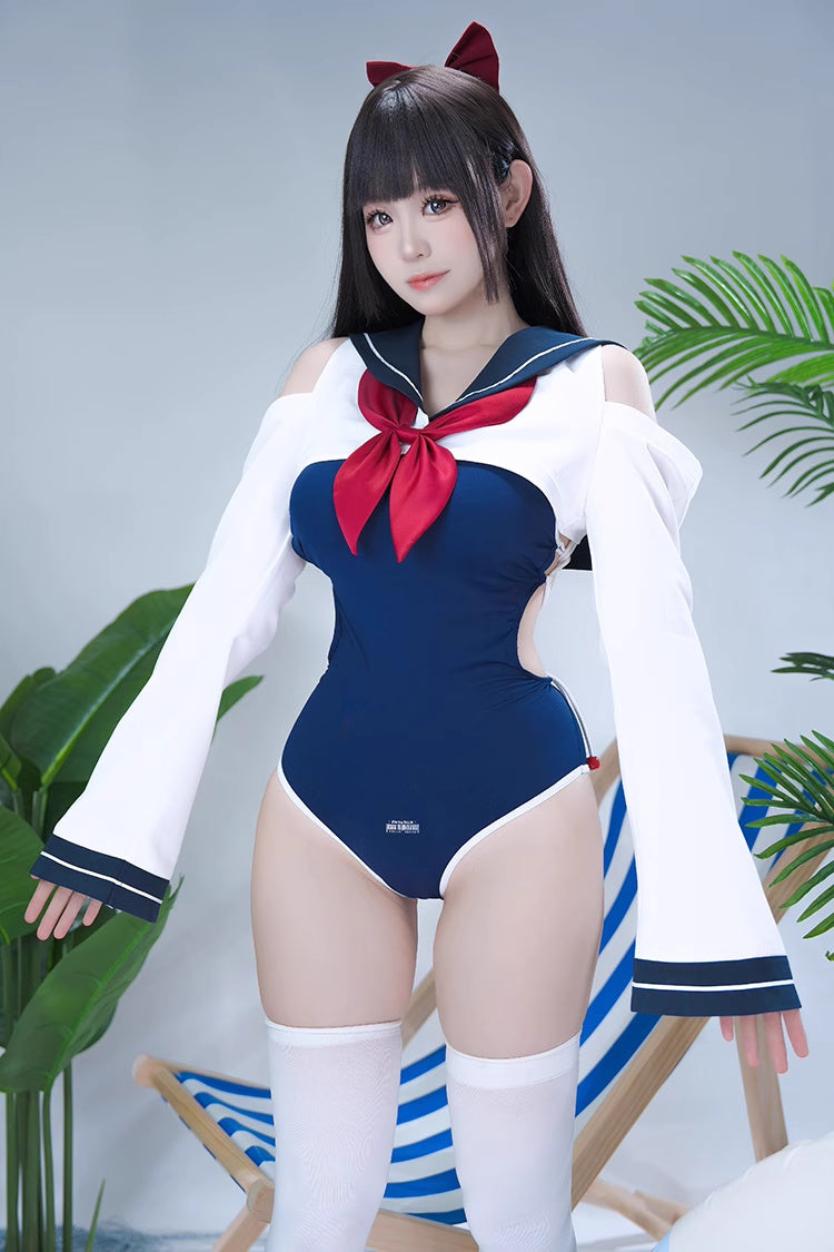 Anime Sailor Style Two-Piece Uniform Bondage Swimsuit Set with Crop Top