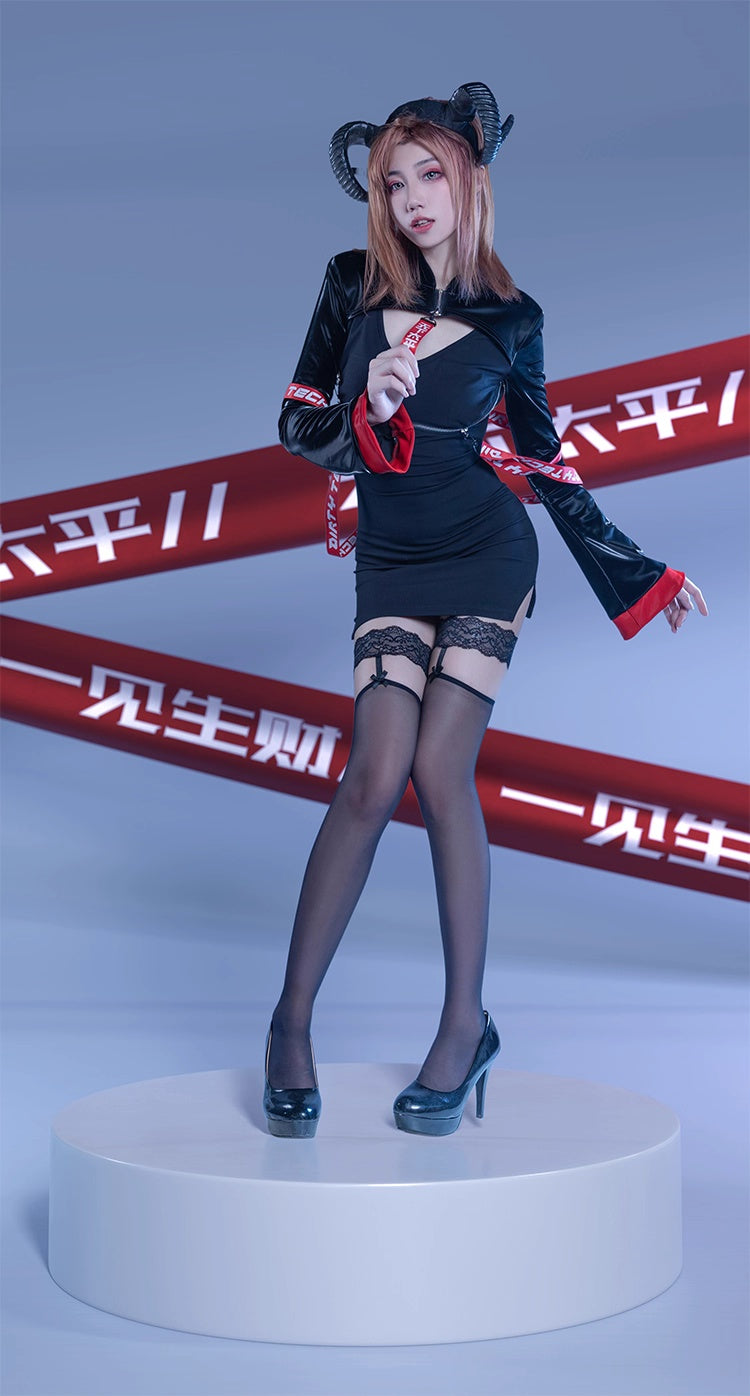 Anime Style Black and White Witch Spandex PU Leather Short Dress with Bust Zipper