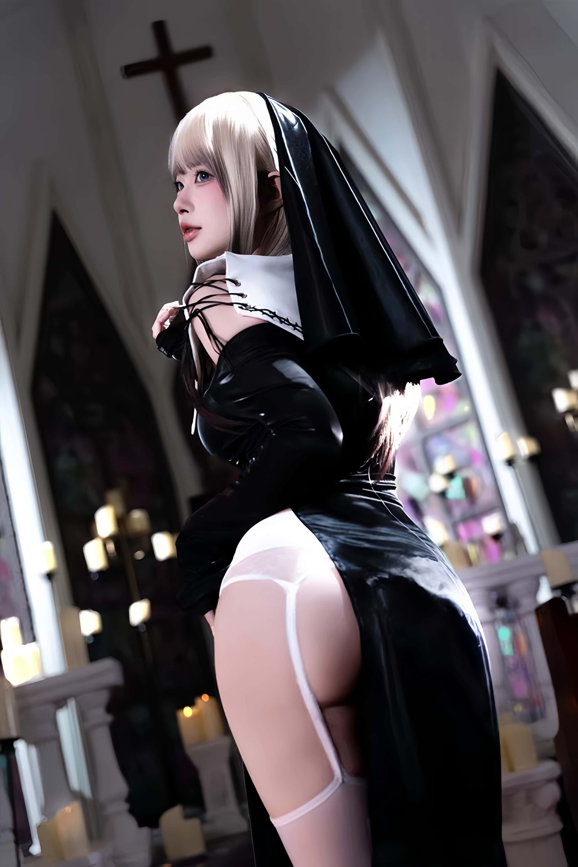 Gothic Sister Cosplay Set - High-Slit Nun Uniform with Thigh-High Stockings