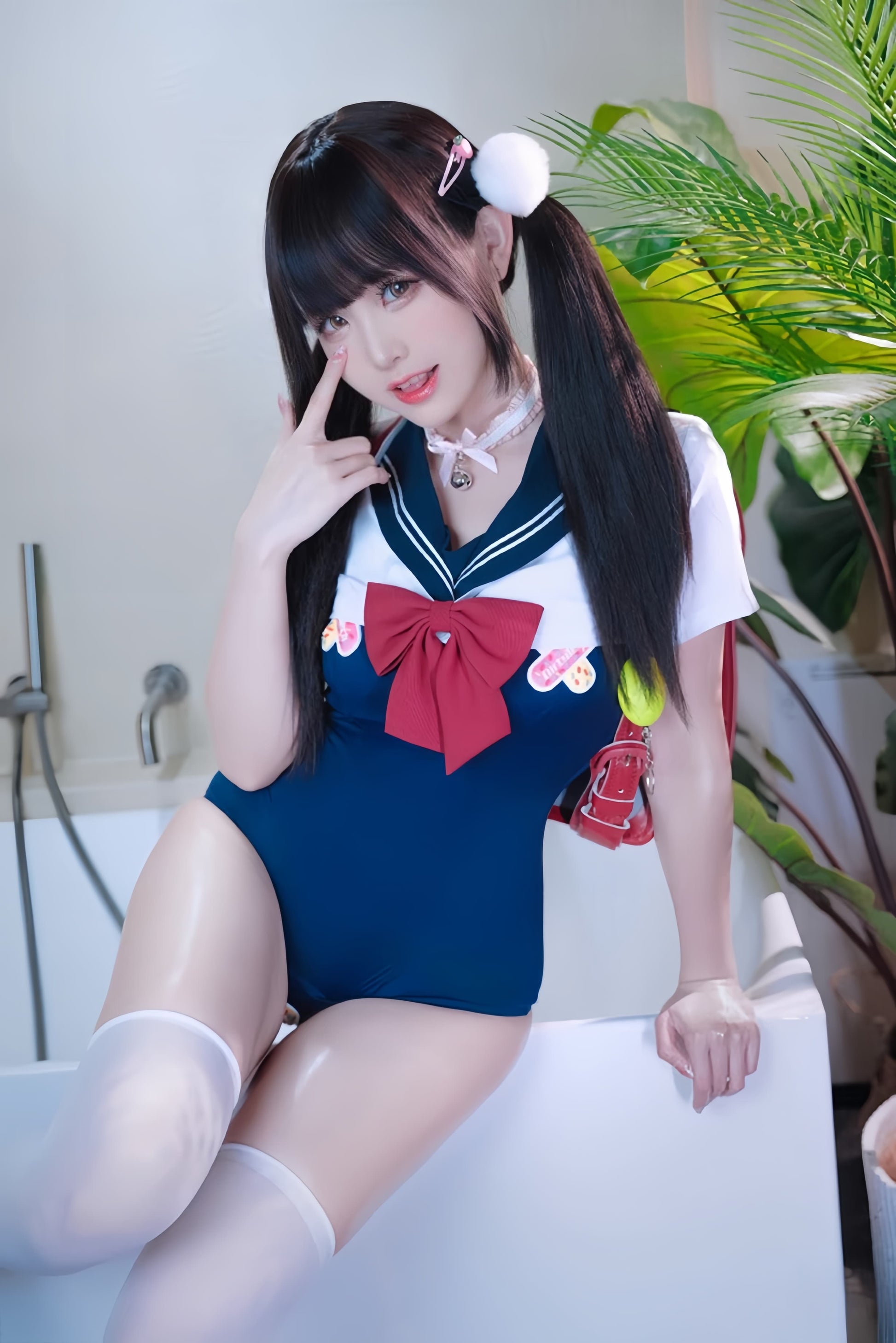 Japanese Anime Sailor Style Two-Piece Uniform Swimsuit Set with Bandage Design