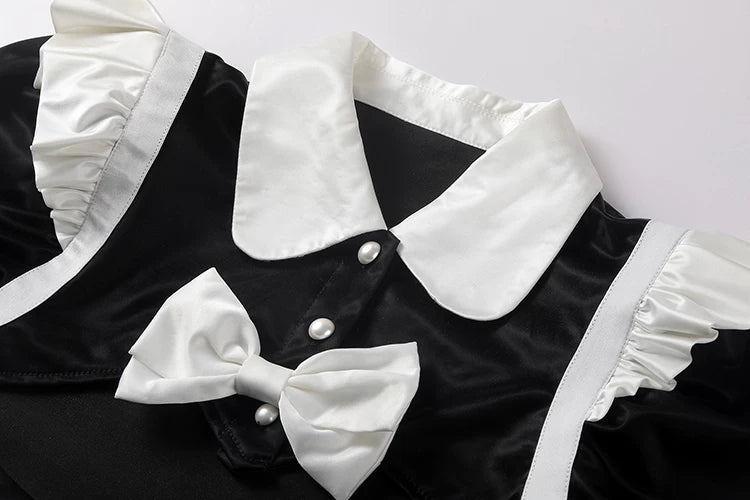 Sensual French Maid Cosplay Lingerie Set - Sheer Bodysuit & Satin PU Leather Crop Top