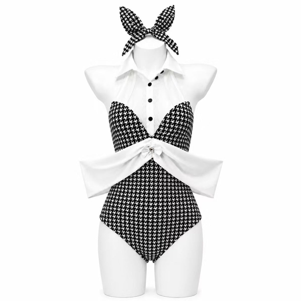 Houndstooth Bunny Girl Cosplay Bodysuit Set – Knit Faux Cashmere