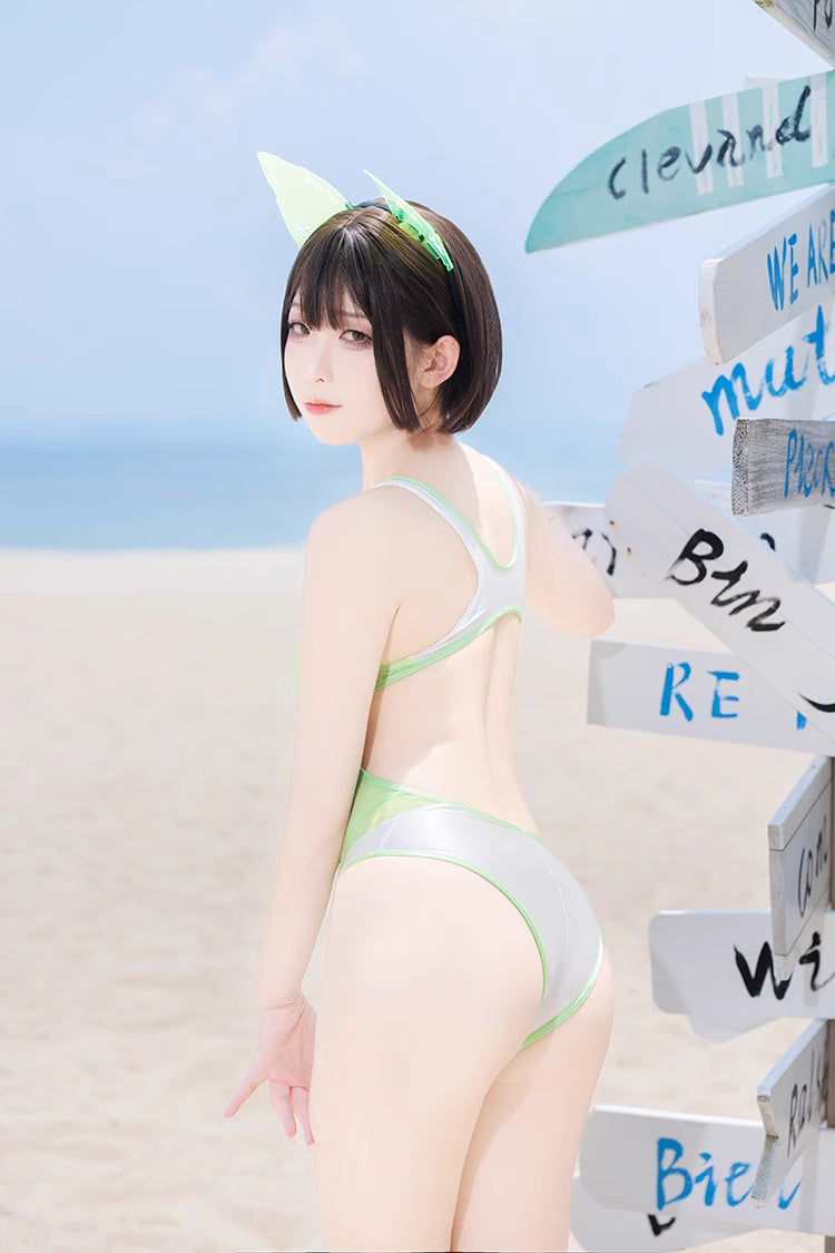 Anime Style One-piece Sexy Racing Swimsuit with Mesh Sheer Dual-color Design