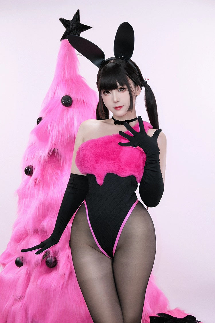 Anime Style Bunny Girl Knitted Black Pink Bodysuit Lingerie Set