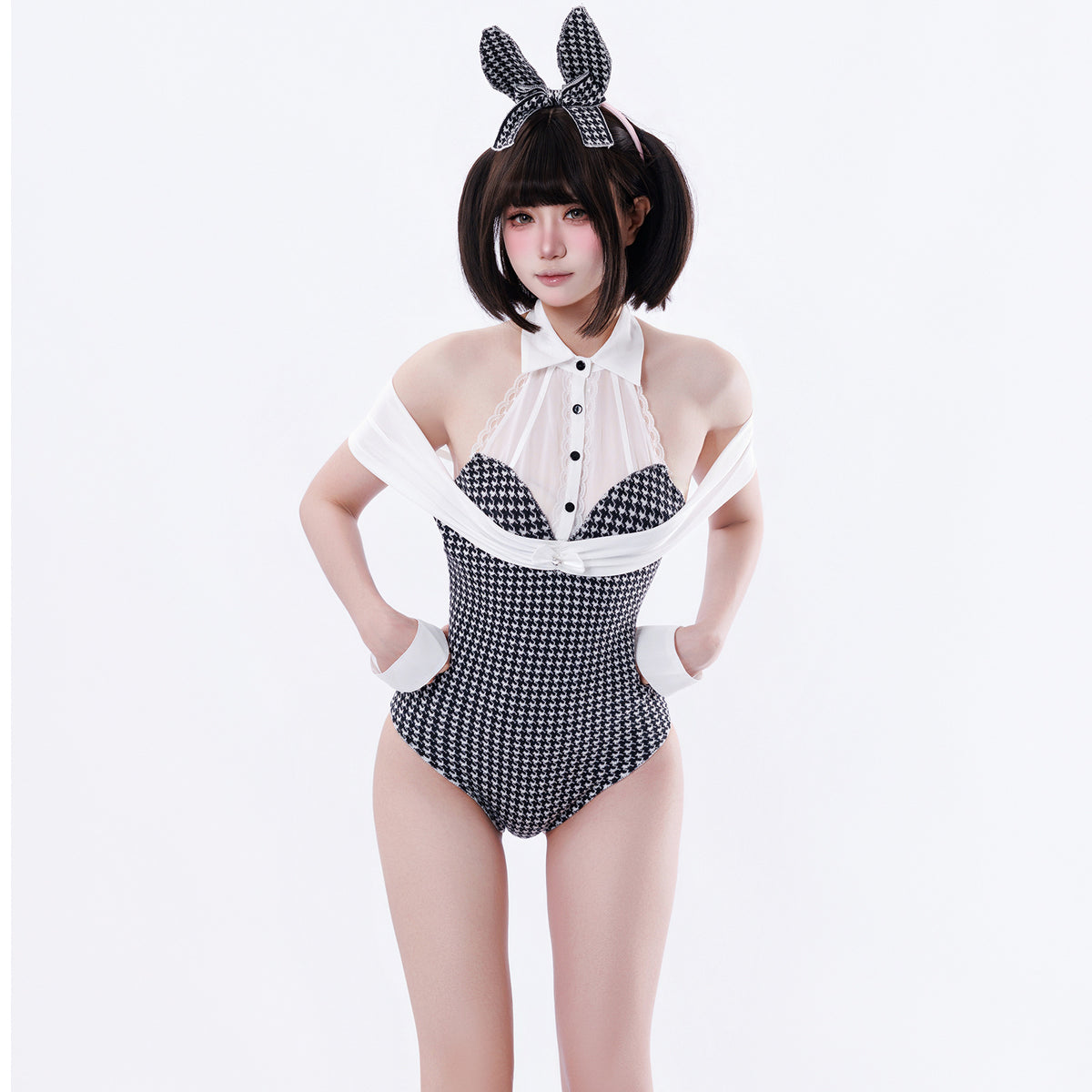 Houndstooth Bunny Girl Cosplay Bodysuit Set – Knit Faux Cashmere