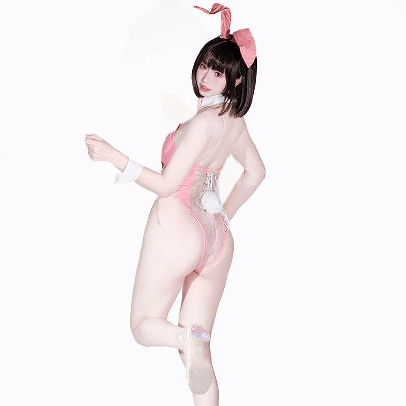 Bunny Girl PU Leather See Through Cosplay Bodysuit Costume Lingerie
