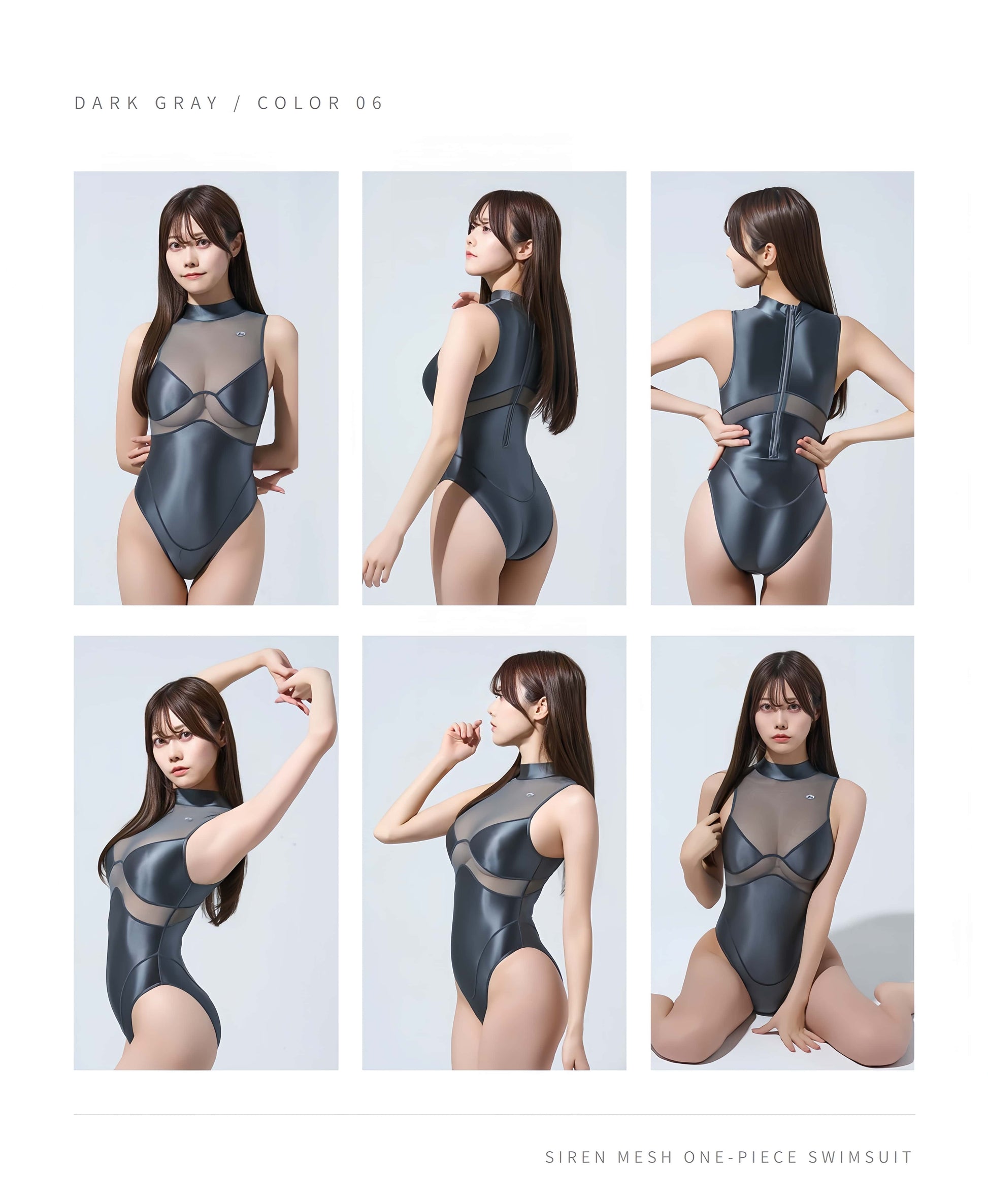 Model wearing a dark gray siren mesh one-piece swimsuit with multiple poses on a light gray background.