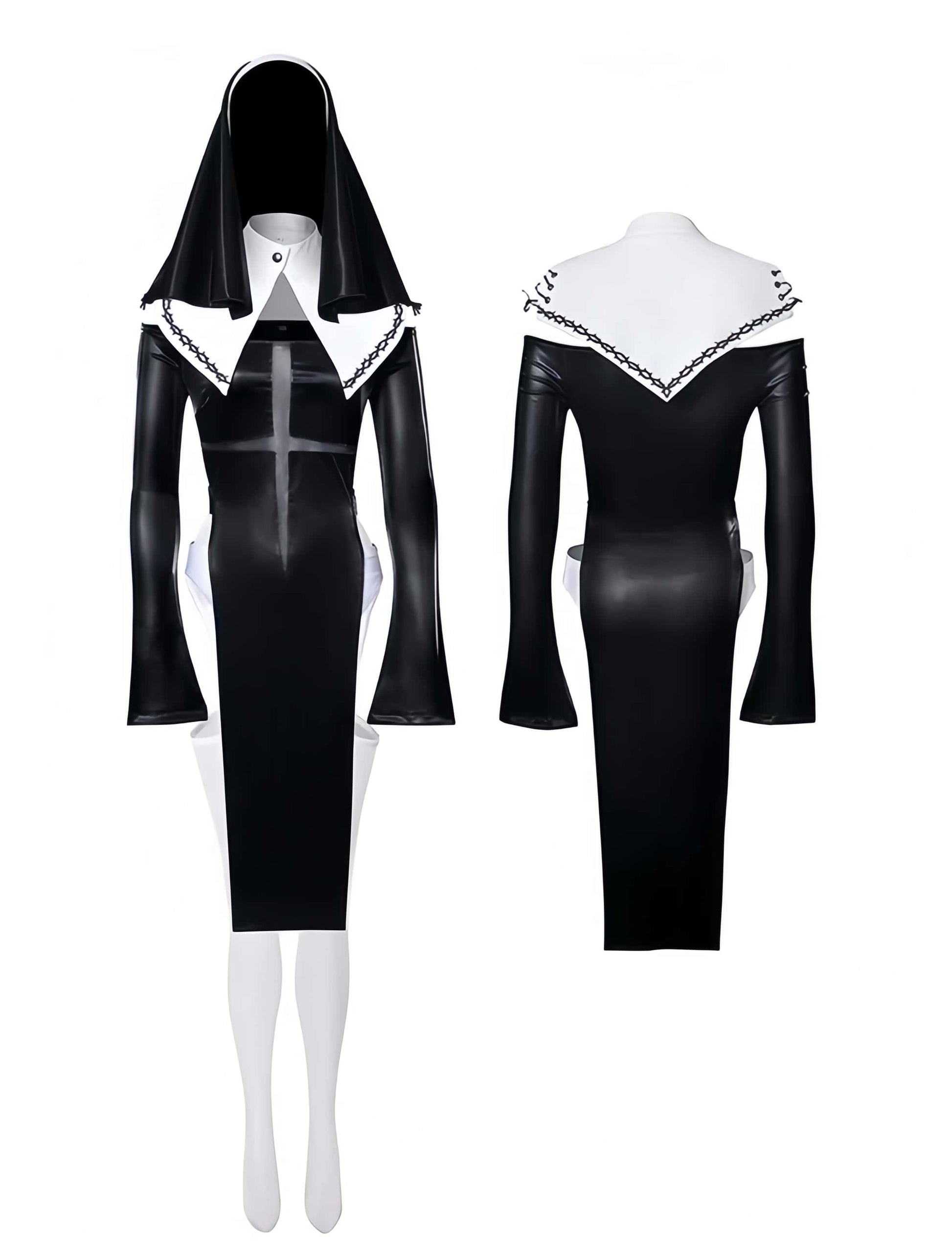 Gothic Sister Cosplay Set - High-Slit Nun Uniform with Thigh-High Stockings