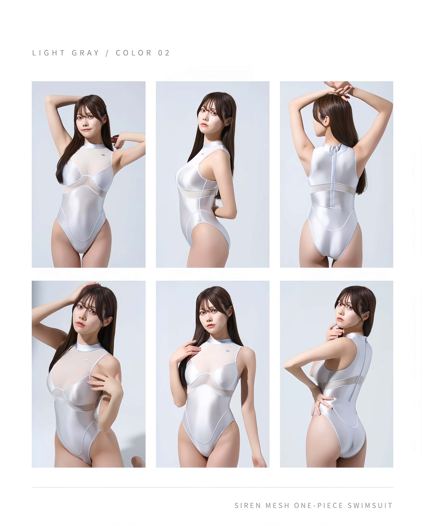 Model wearing a silver siren mesh one-piece swimsuit in multiple poses on a light gray background.