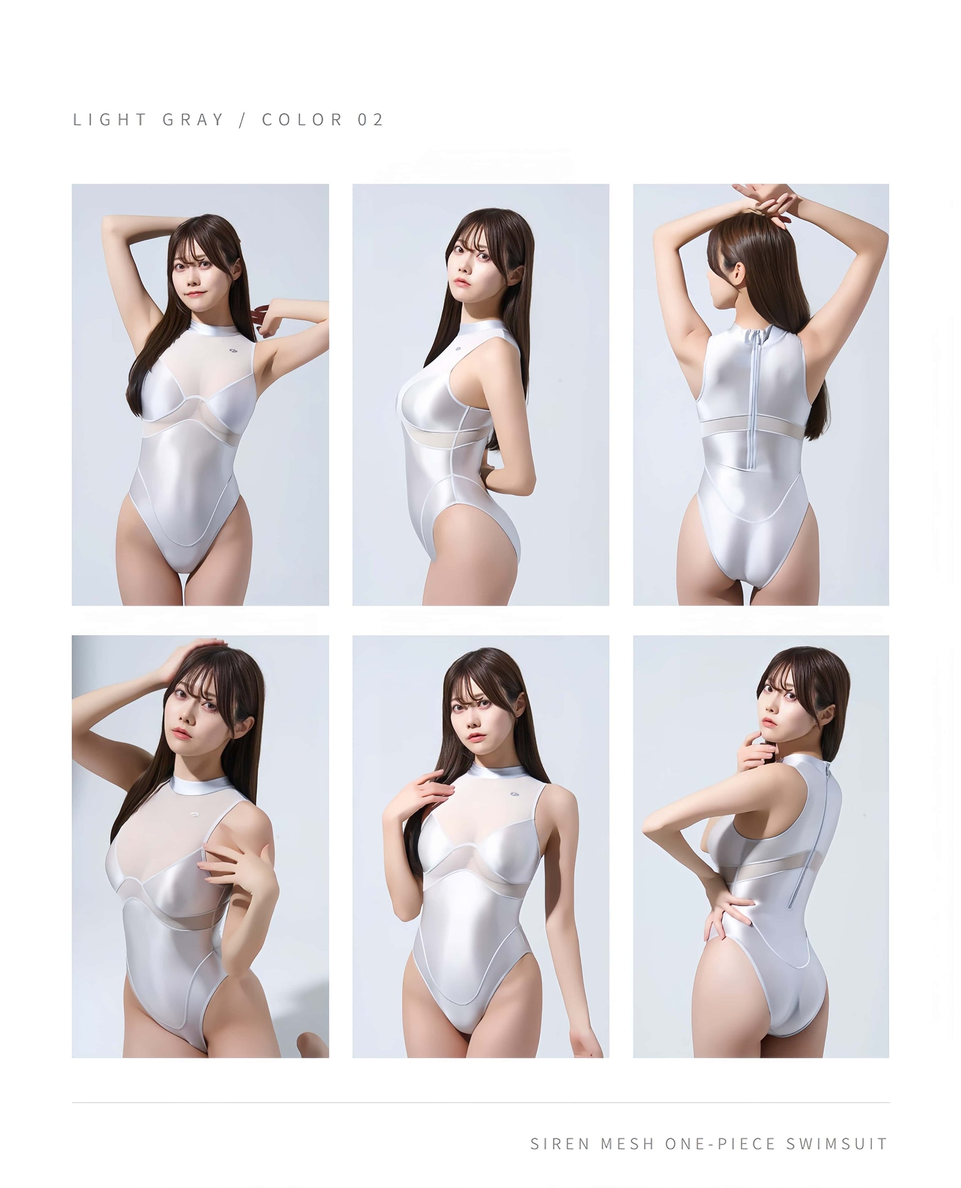 Model wearing a silver siren mesh one-piece swimsuit in multiple poses on a light gray background.