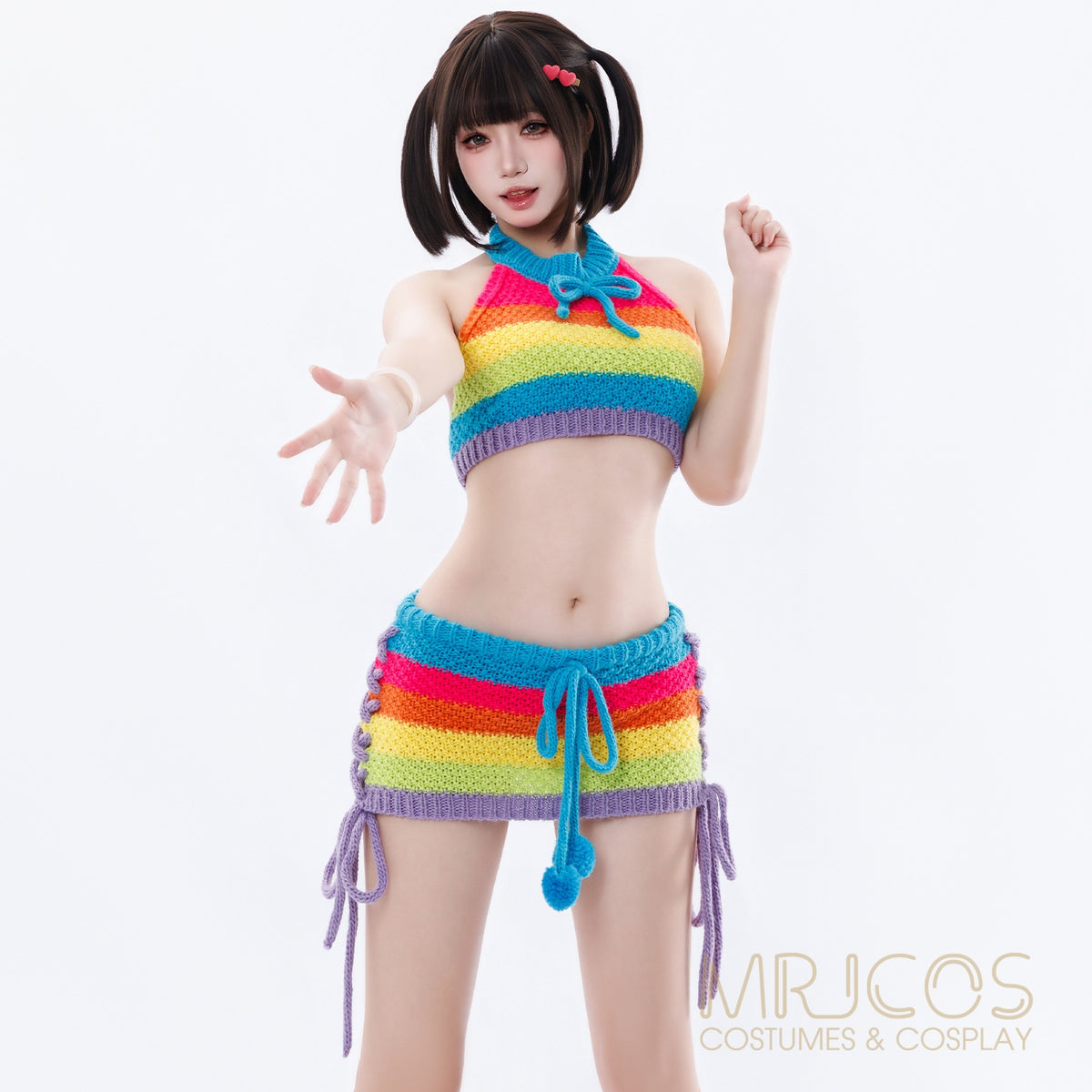 Rainbow Knit Halter Crop Top & Mini Skirt Set – Anime Cosplay & Festival Two-Piece Outfit