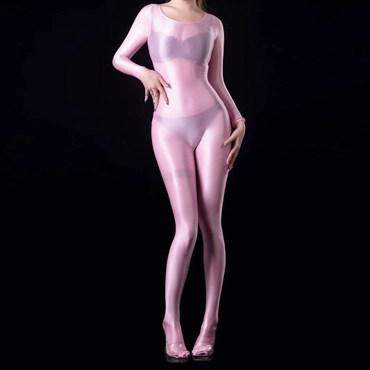 Ultra-Sheer High-Gloss Full Bodysuit - Wide Neck Footed Spandex Jumpsuit