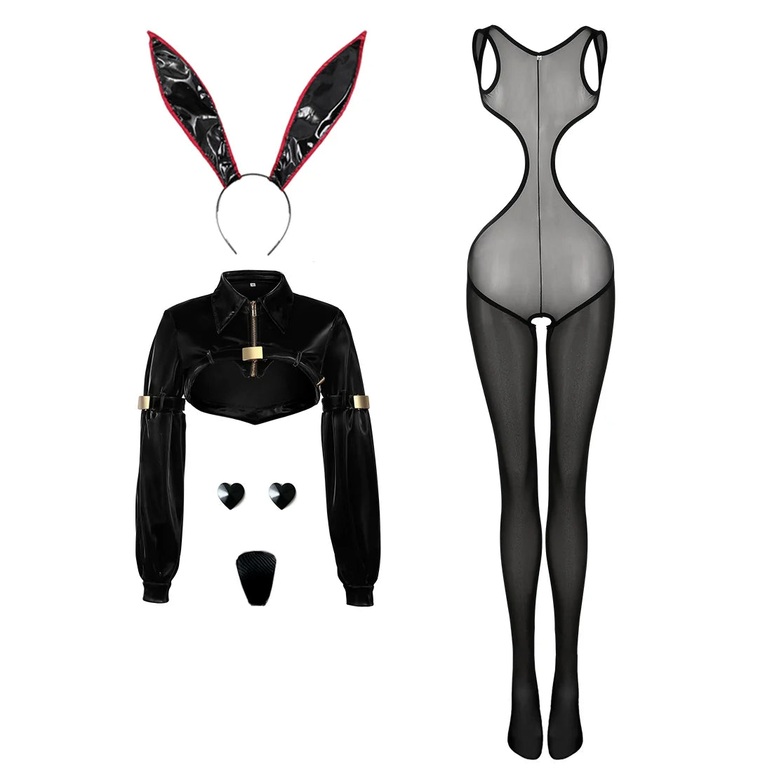 Bunny Girl Sexy Cute Costume PU Jacket Sheer Stockings Cosplay Lingerie Set
