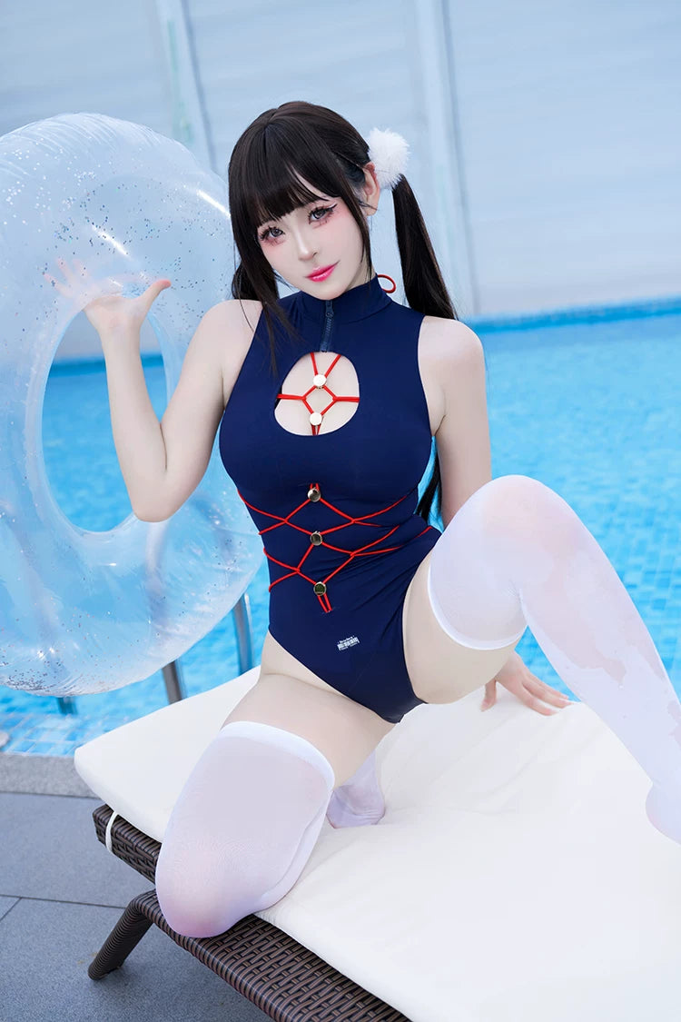 Anime Cosplay High-Neck One-Piece Swimsuit - Navy Blue & Red Strappy Bodysuit