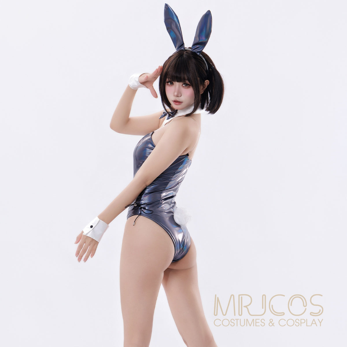 Iridescent Metallic Bunny Girl Cosplay Bodysuit Set – Holographic PU Leather Open Crotch Lingerie