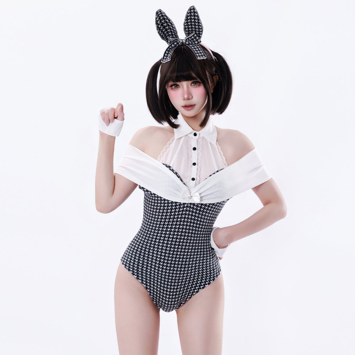 Houndstooth Bunny Girl Cosplay Bodysuit Set – Knit Faux Cashmere