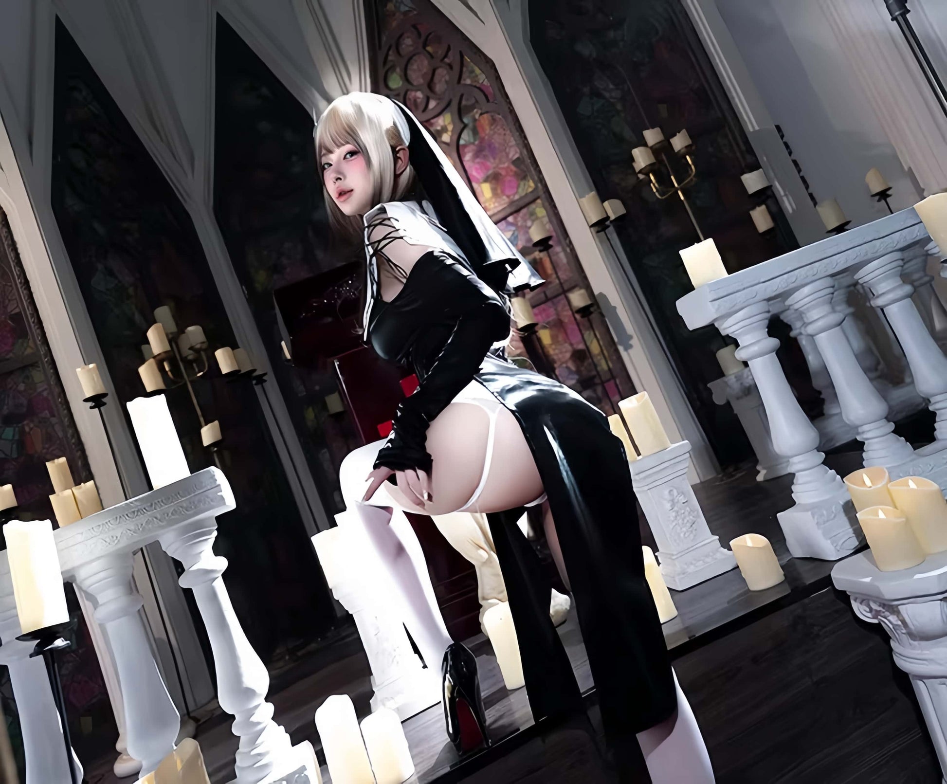 Gothic Sister Cosplay Set - High-Slit Nun Uniform with Thigh-High Stockings