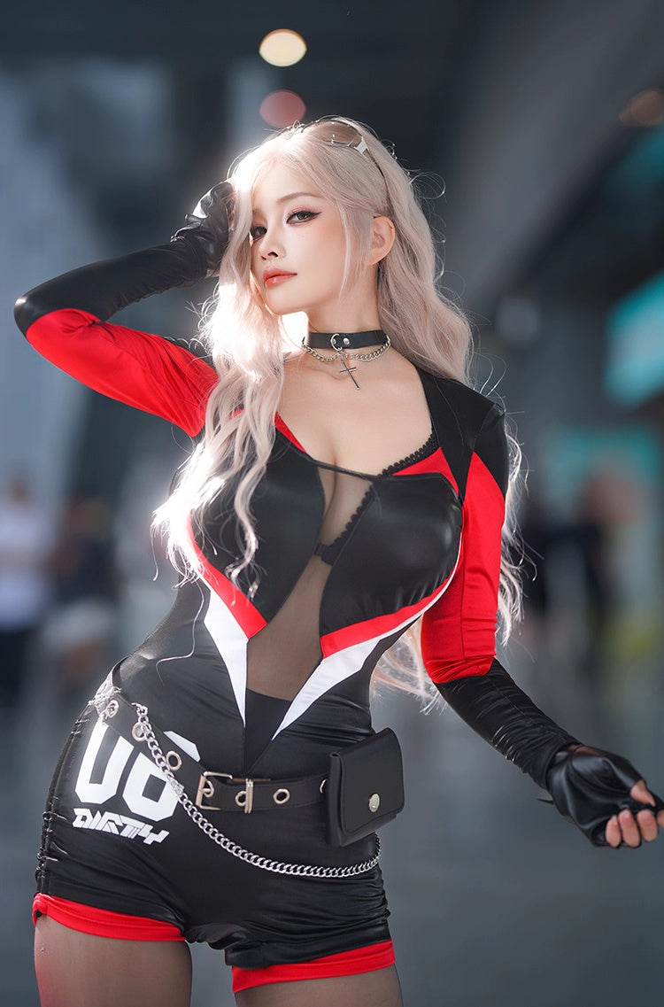 Black and Red One-Piece Spandex Race Queen Bodysuit Cotume with Sheer Mesh