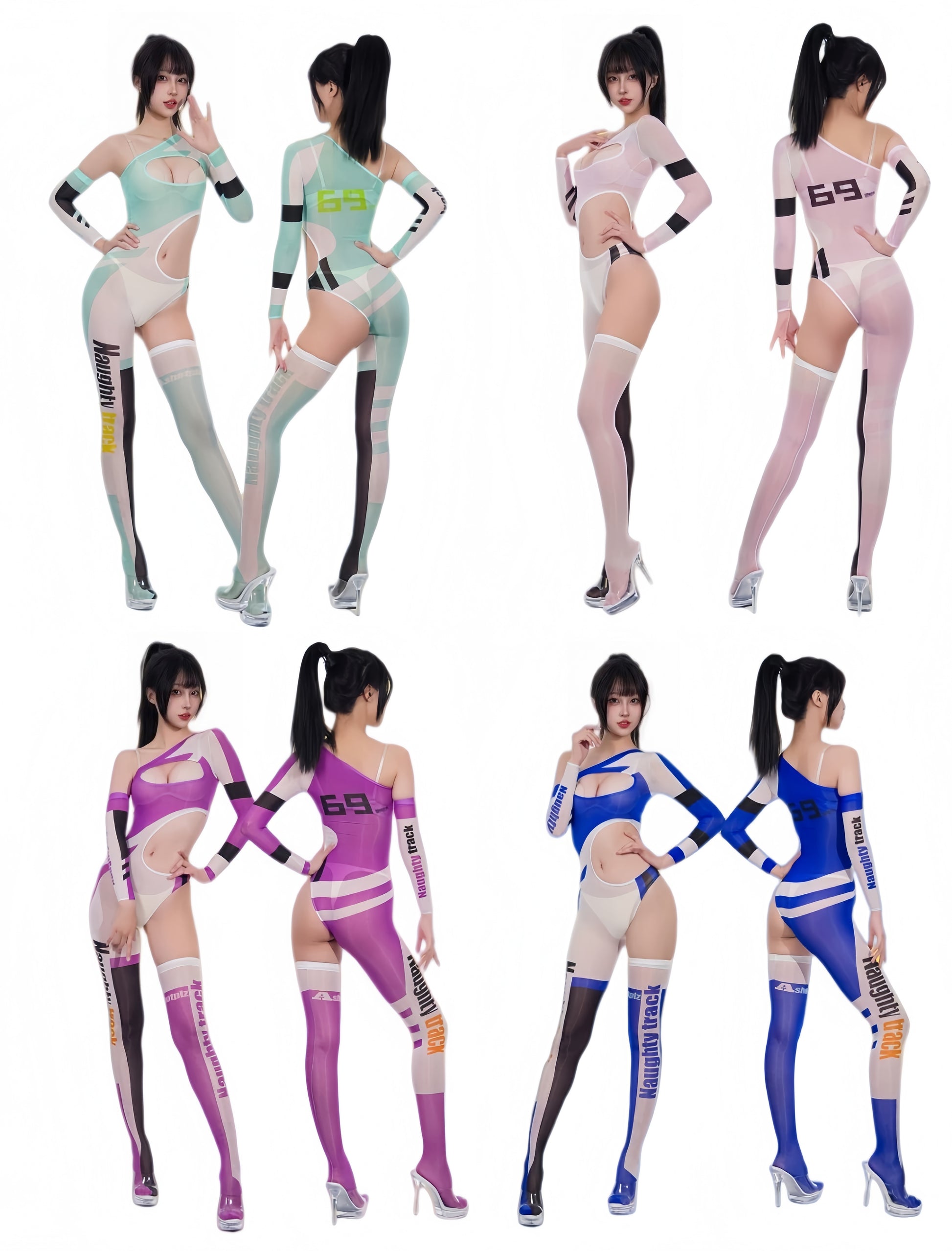 Racing Series Sheer Asymmetric Bodysuit – 10D Nylon Spandex Race Queen Bodystocking