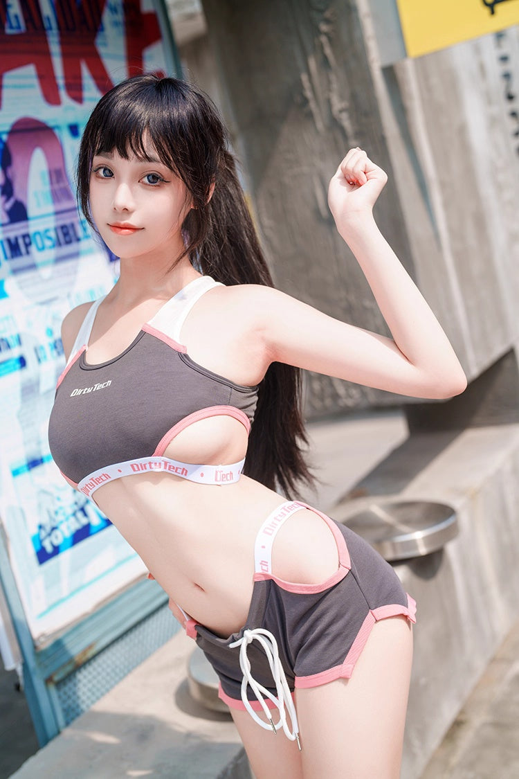 Anime Style Boxing Running Sexy Sports Activewear Set Hollow Tank Top with Shorts