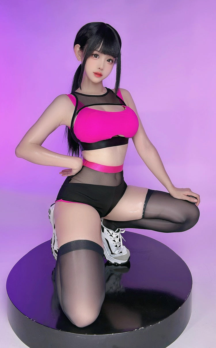 Anime Style Short Gymnastics Uniform Sheer Mesh Volleyball Sports Activewear