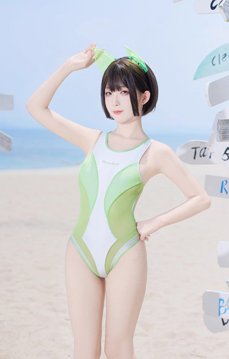 Anime Style One-piece Sexy Racing Swimsuit with Mesh Sheer Dual-color Design
