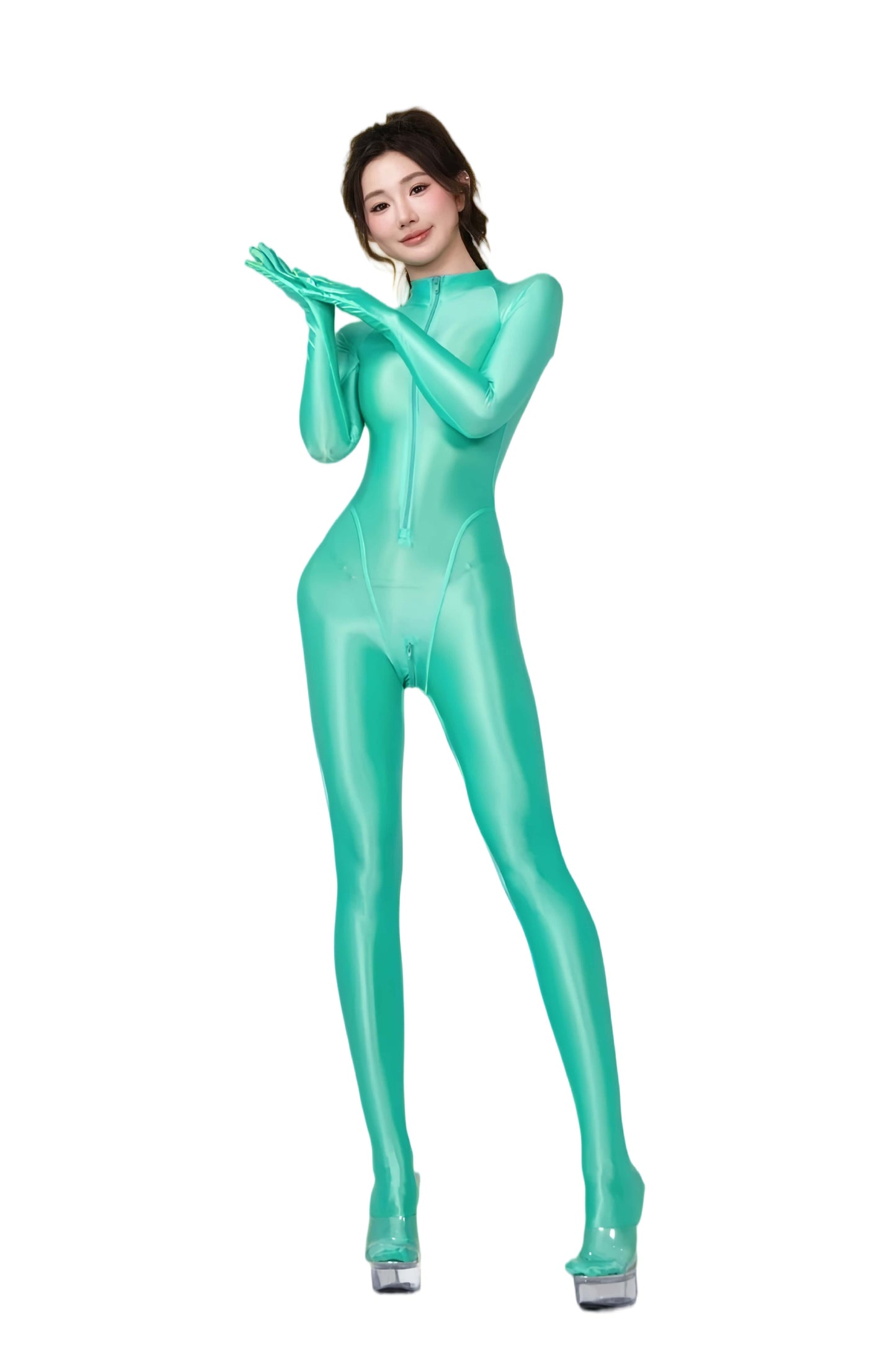 Person wearing a shiny green full-body suit on a white background