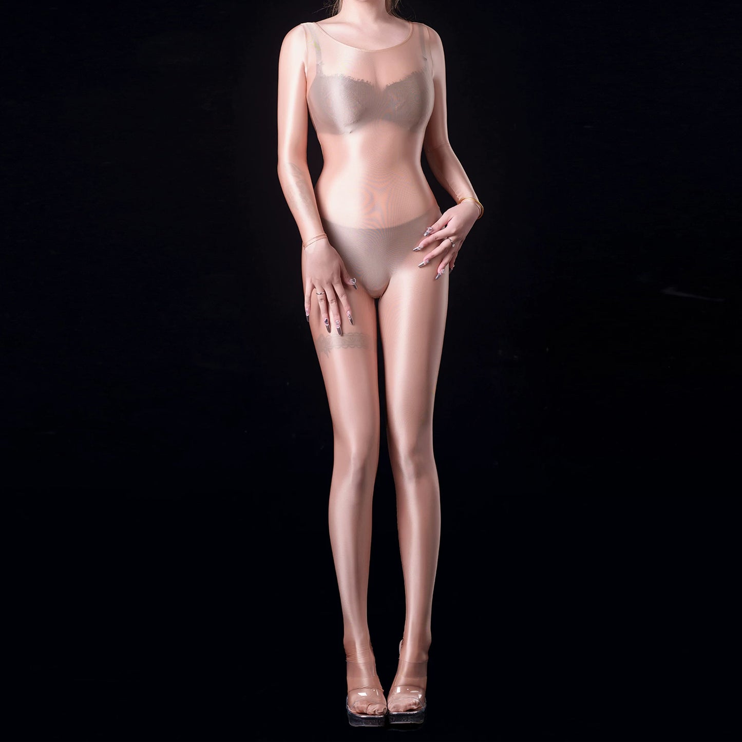 Ultra-Sheer High-Gloss Full Bodysuit - Wide Neck Footed Spandex Jumpsuit